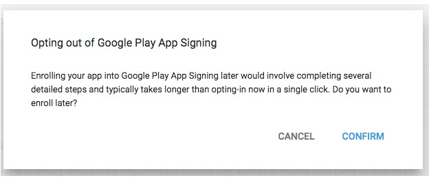 Opting out from Google Play App Signing when adding an app.