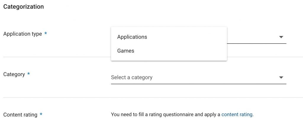 Selecting a Category when you add an app to Google Play